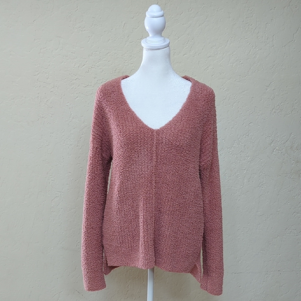 Cupcakes and Cashmere Soft and Cozy V-Neck Plush Sweater in Rose Pink Small